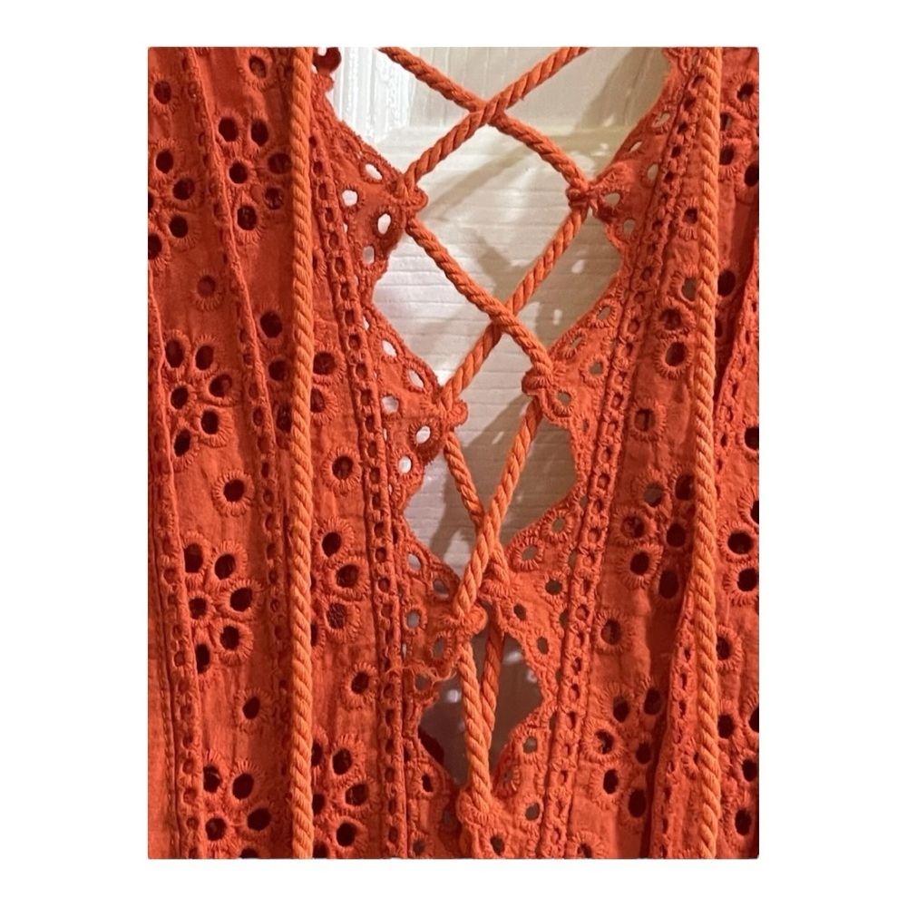 Free People Orange Esperanza Eyelet Boho Flowy Lace-Up Mini Dress Size XS - Picture 7 of 8